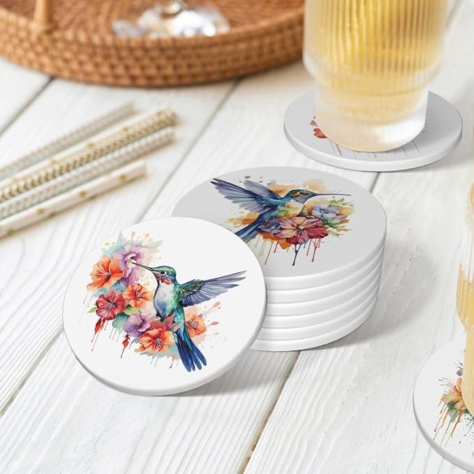 Drink Coasters for Drinks Set of 6, Watercolor Hummingbird Absorbent Round Ceramic Stone Mat, with Cork Base and Metal Holder, Home Bar Decor House Warming Gift