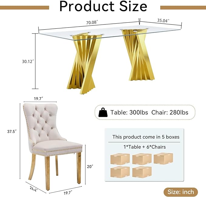 9 Piece Glass Dining Table Set,70" Dinner Room Glass Table Set for 8,Modern Kitchen Dinner Table Set with Stainless Steel Base and 8 Upholstered Velvet Dining Chairs for Living Dining Room