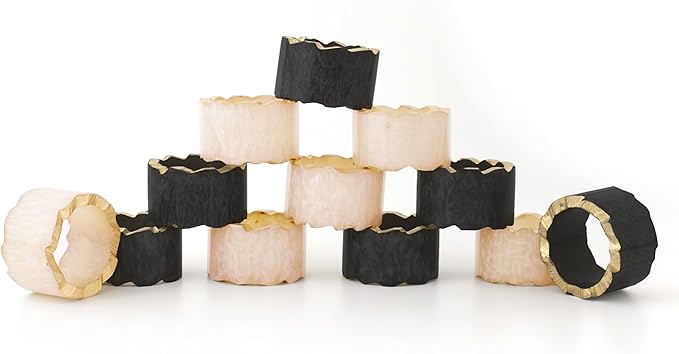 CLEENTABLE Rustic Epoxy Resin Napkin Rings - 12 Pcs Napkin Holders for Parties, Dining, Family Gatherings, Weddings, Holidays, Décor, Gifting - Durable Tabletop Decor (Ivory Black)