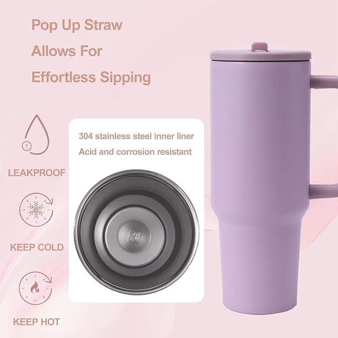 40oz simple design insulated water cup, 3 reusable straws and cleaning brushes | 304 stainless steel, long-term insulation and cold, no water leakage | 4 colors: pink/rose/purple/blue.