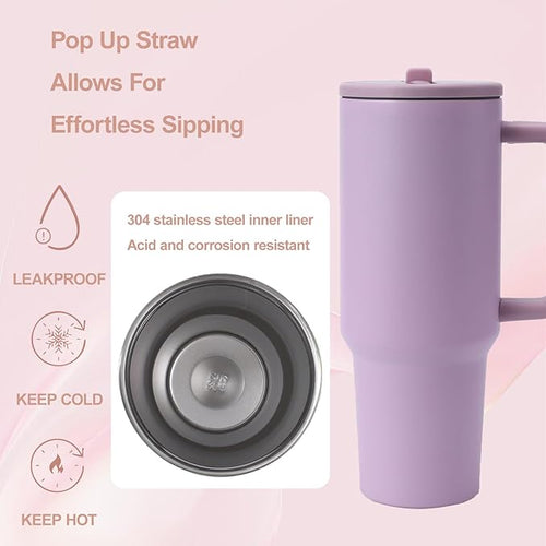 40oz simple design insulated water cup, 3 reusable straws and cleaning brushes | 304 stainless steel, long-term insulation and cold, no water leakage | 4 colors: pink/rose/purple/blue.