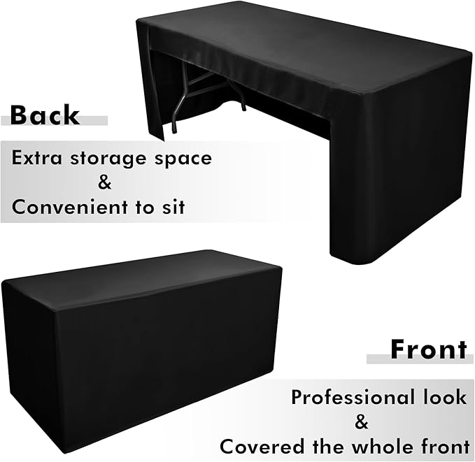 Nasitos 2 Pack Fitted Black Tablecloth for 4 Foot Tables - Open Back Washable Fabric Table Topper for Trade Show, Craft Show, Events, Vendor Booth