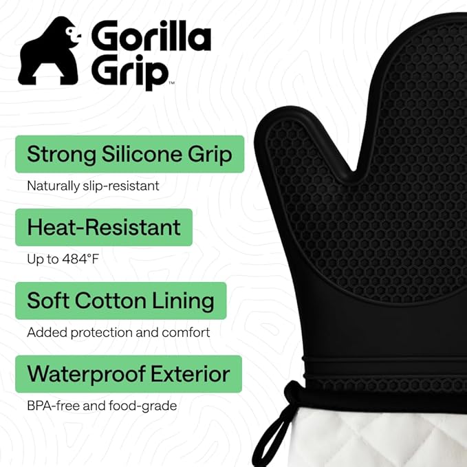 GORILLA GRIP BPA-Free Soft Silicone Oven Mitts, Heat Resistant and Waterproof Cooking Safety Gloves, Thick Cotton Lining, Flexible Gripping, Kitchen Potholders Set, for Grilling, BBQ, 12.5x8.3, Black