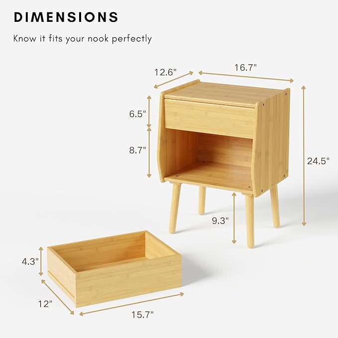 ZIYOO Nightstand with Drawer Open Shelf, Mid Century Modern Bedside Table, Small End Table for Living Room&Small Spaces, Bedroom, Natural Bamboo