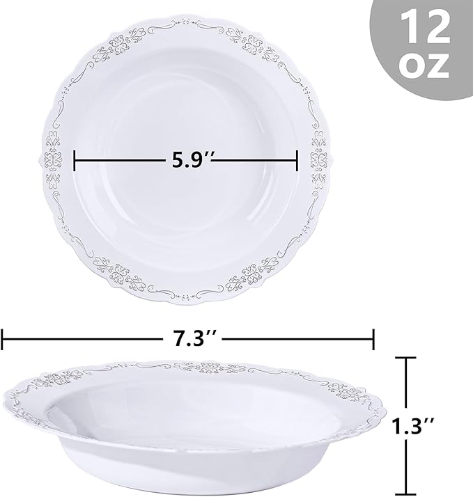 DaYammi 30 Pack Plastic Bowls with Silver Rim, 12oz Disposable Soup Bowls, Silver Bowls Disposable Heavy Duty Dinner Bowls for Weddings,Plastic Serving bowls Parties,Dinners,Catering and Everyday Use