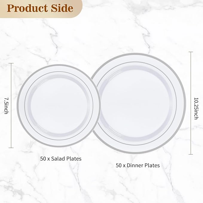 BESTVIP 100PCS Silver Plastic Plates, Disposable Party Plates with 50 Dinner Plate and 50 Dessert Plate for Party, Wedding and Birthday