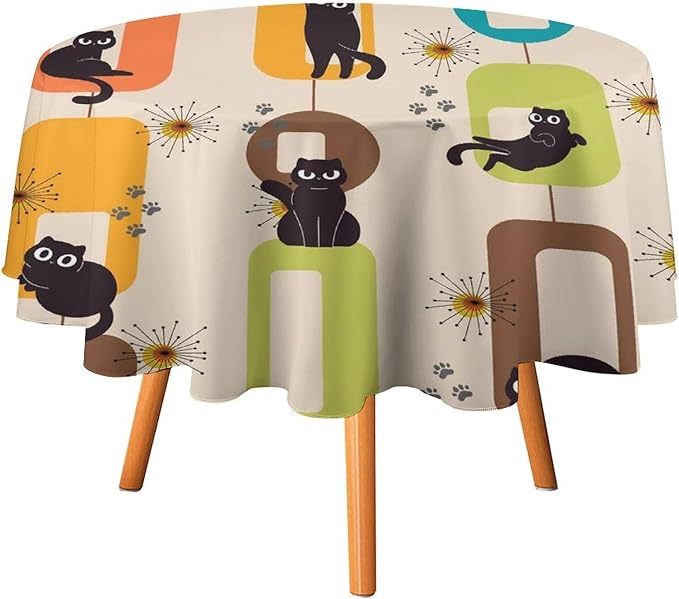 Bohemian Black Cat Round Tablecloth, Rustic Vintage Mid Century Geometric Tablecloth for Home Party Dining Room Kitchen Decor 50Inch(127cm)