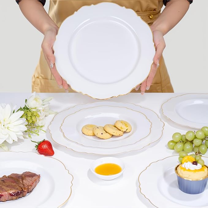 WDF 60pcs White and Gold Plastic Plates - Baroque White With Gold of 30 Heavy Duty Gold dinner plates 10.25inch, 30 Salad Plates 7.5inch Perfect for Weddings/Party/Birthday/Valentine's Days