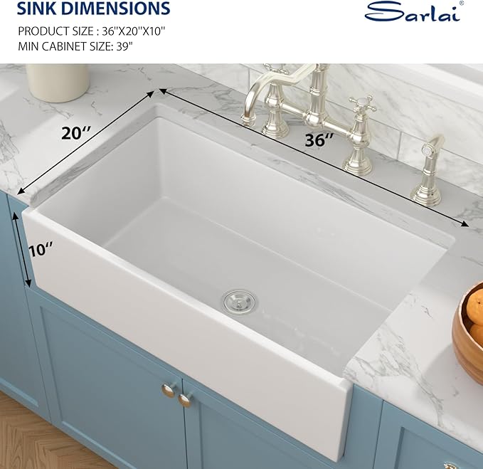 Sarlai 36 White Farmhouse Sink - 36 x 20 Inch Farm Kitchen Sink Apron Front Single Bowl Reversible Ceramic Porcelain Vitreous Fireclay Single Bowl Farmer Sinks Basin