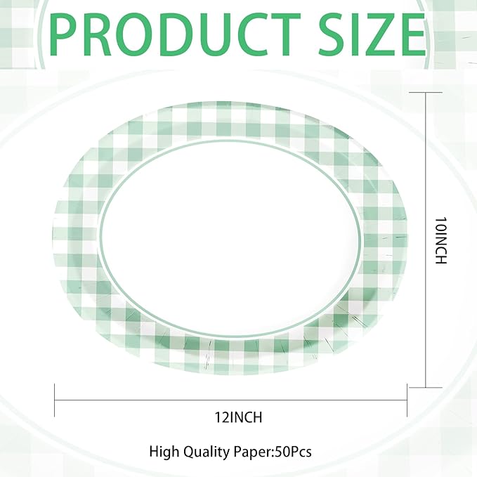 Grencian 50 Pcs Gingham Party Supplies 10"x12" Large Sage Green Gingham Oval Plates Disposable Heavy Duty Green and White Checkered Plaid Paper Plates for Baby Shower Picnic BBQ Birthday Wedding Bride
