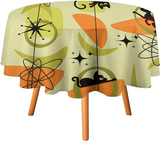 Mid Century Black Cat Round Tablecloth, Vintage Modern Bohemian Abstract Geometric Retro Art Tablecloth for Home Party Dining Room Kitchen Decor 36Inch(90cm)