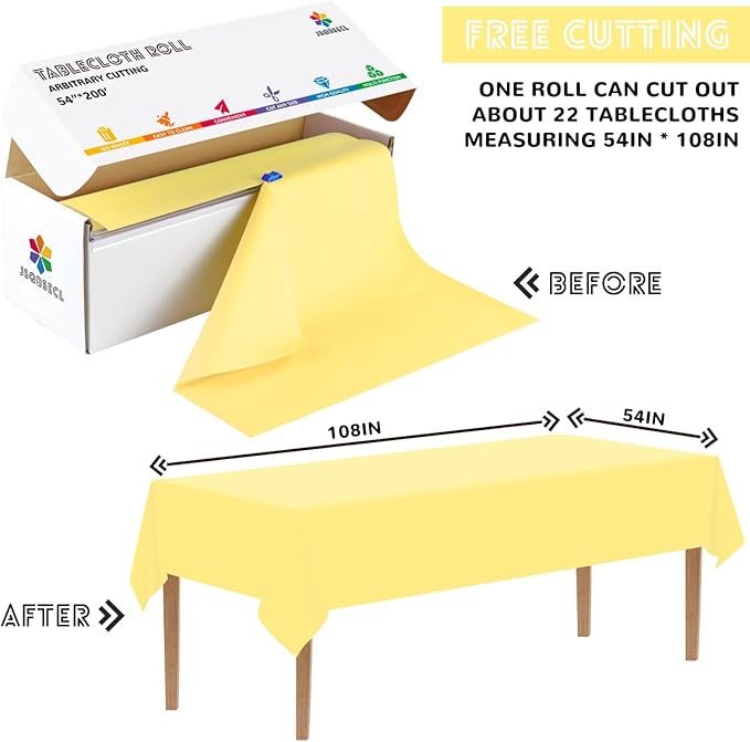 54 Inch X 200 Feet Plastic Table Cover Roll with Convenient Slide Cutter, Disposable Plastic Table Cloth Roll with Cut-to-Size Design for Weddings, Banquets, Parties (Light Yellow)