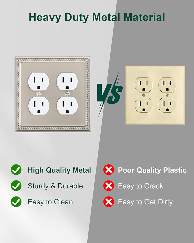 2-Pack Double Duplex Outlet Cover, Brushed Nickel Metal Switch Plates and Outlet Covers, Pearls Decorative Wall Plates for Electrical Outlets, 2 Gang Receptacle Cover, Corrosion Resistant