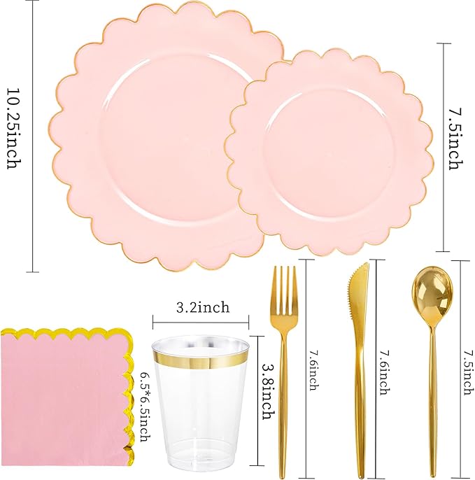 LIYH 210 Pcs Pink and Gold Scalloped Plastic Plates - Disposable Dinnerware Set, Include Gold Plastic Silverware, Pink Plates and Napkins Party Supplies for Birthday Wedding