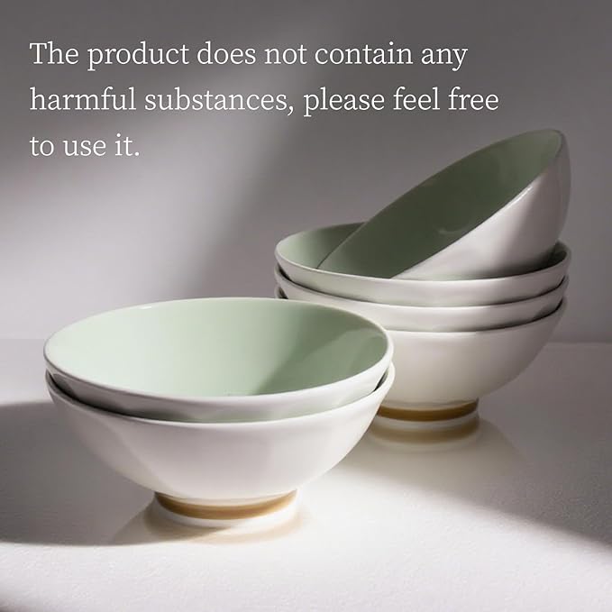 Set of 6 Large Pasta Bowls 29 oz, Green Porcelain 7 inch, Microwave Oven Dishwasher Safe Scratch Resistant