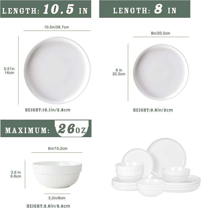 HAPPY KIT 12 Pieces Porcelain Dinnerware Set, Serving Plates and Bowls Set for 4, Chip and Scratch Resistant White Kitchen Dishware Sets, Thick-edge Non-slip Design