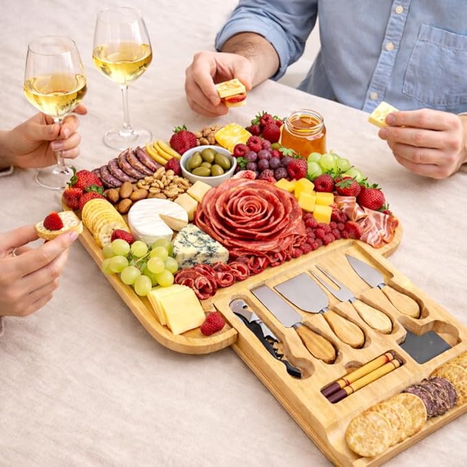 Large Bamboo Cheese Board Gift Set with Slide-Out Drawer & Knife Set – Charcuterie Board for Entertaining, Housewarming & Valentine’s Day Gifts