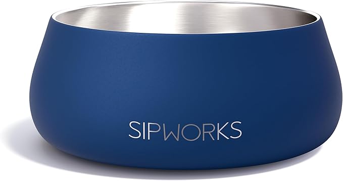 Sipworks Stainless Steel Dog Bowl – 32oz Weighted Metal Food and Water Bowls for Dogs and Cats with Non-Slip Base - Pet Bowls for All Breeds Sizes for Travel & Outdoor Play | Denim