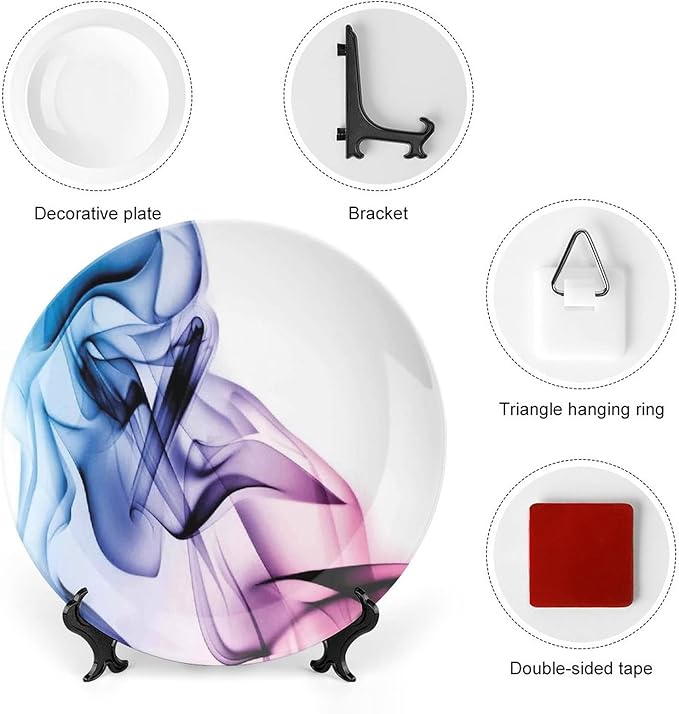 Ceramic Display Plate, Abstract Decor Ceramic Hanging Decorative Plate, Colorful Smoke Dynamic Flow Swirl Contemporary, 6 Inch, Household Custom Ceramic Plate, Fuchsia Blue