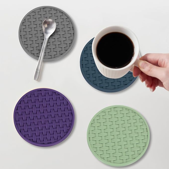 4 Inch Drink Coasters Set of 6, Blue Silicone Heat Resistant Mats, Waterproof Non-Stick Cup Pads, Ideal for Coffee Mugs, Beverage Cups - Home Office & Kitchen Use