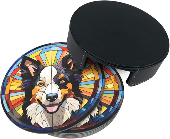 Drink Coaster Set of 6, Border Collie Dog Mom Lover Gift,Leather Drink Coasters with Holder,6 Pack Cup/Bar/Drink Coasters for Table/Drinks/Coffee Protection Housewarming Gift