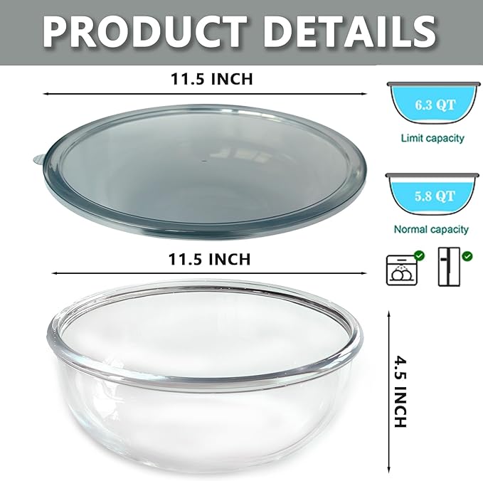 6.3Quart Large Glass Mixing Bowl with Lid, Clear Large Salad Bowls Glass Big Mixing Bowls for Kitchen