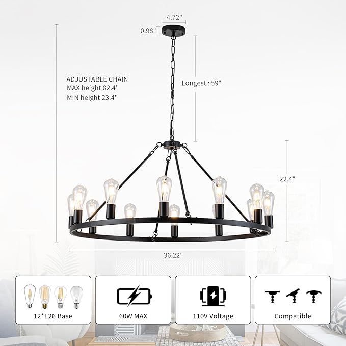 12-Light Wagon Wheel Chandelier, Farmhouse Dining Room Light Fixture, Black Round Rustic Chandeliers, Vintage Ceiling Hanging Pendant Light Fixture for Living Dining Room Bedroom Kitchen Foyer