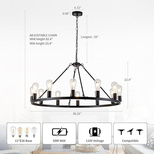 12-Light Wagon Wheel Chandelier, Farmhouse Dining Room Light Fixture, Black Round Rustic Chandeliers, Vintage Ceiling Hanging Pendant Light Fixture for Living Dining Room Bedroom Kitchen Foyer