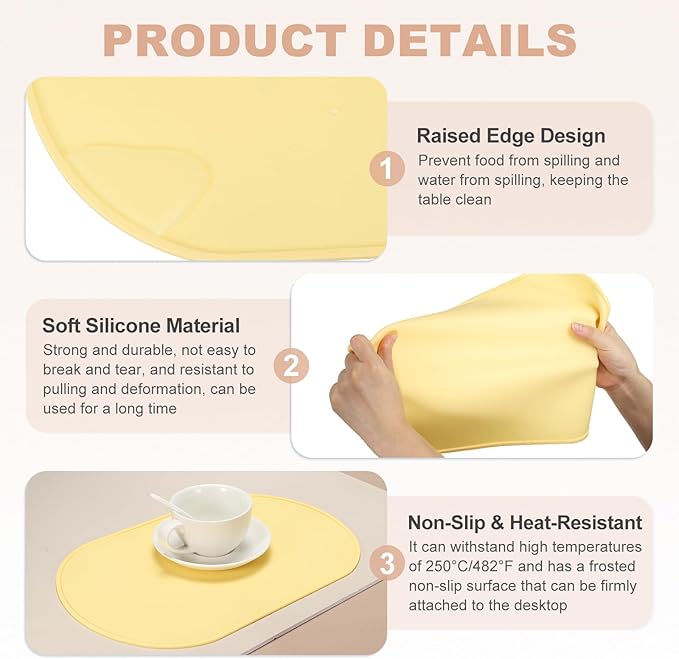 uxcell 2 Pcs Oval Silicone Placemat, 15.4" x 10.4" Non-Slip Washable Table Placemats Heat Resistant Waterproof Mat with High Edge for Table Kitchen Desk Protection, Yellow