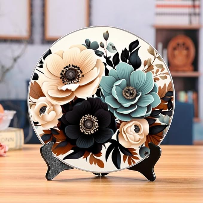 Monochrome Bouquet 10-inch Ceramic Decorative Plate Suitable for Living Room, Kitchen & Office, with Stand & Wall Mount Option DP-294767937