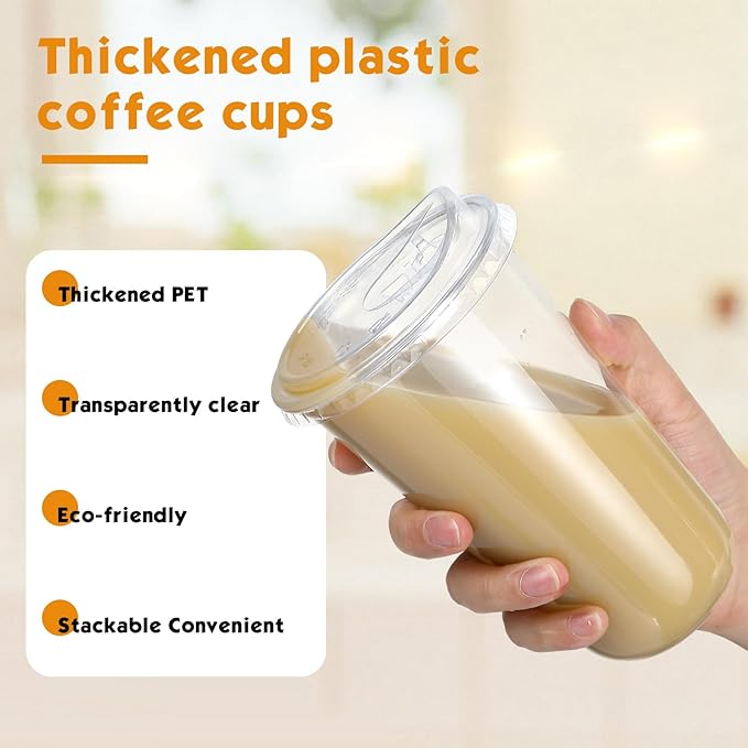 25 Sets 18 oz Clear Plastic Cups with Strawless Sip Lids, Thickened Clear Disposable Plastic PET Crystal Cups for Iced Coffee, Smoothie, Cold Beverage, Drink Shops and Party Catering