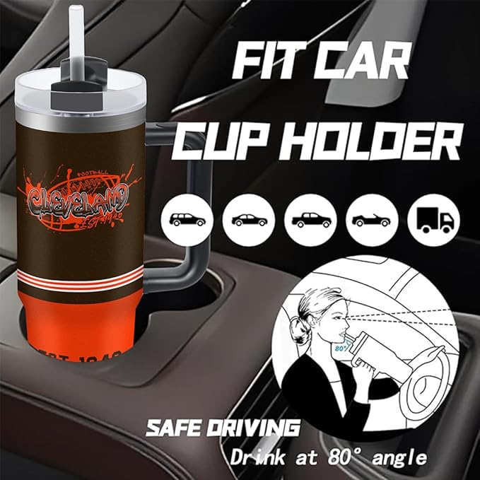 Cleveland 30 oz Tumbler with Handle and Straw,Car cup,Coffee Mug,100% Leakproof Insulated Tumbler with Lid and Straw,Made of Stainless Steel,Cup Holder Friendly Base,Classic Collection Gifts for Fans