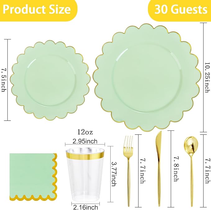 LIYH 210 Pcs Sage Green Plastic Disposable Scalloped Party Plates - Green Plates and Napkins Include Baby Shower Plate Gold Plastic Silverware for Weddings Birthday 30 Guests