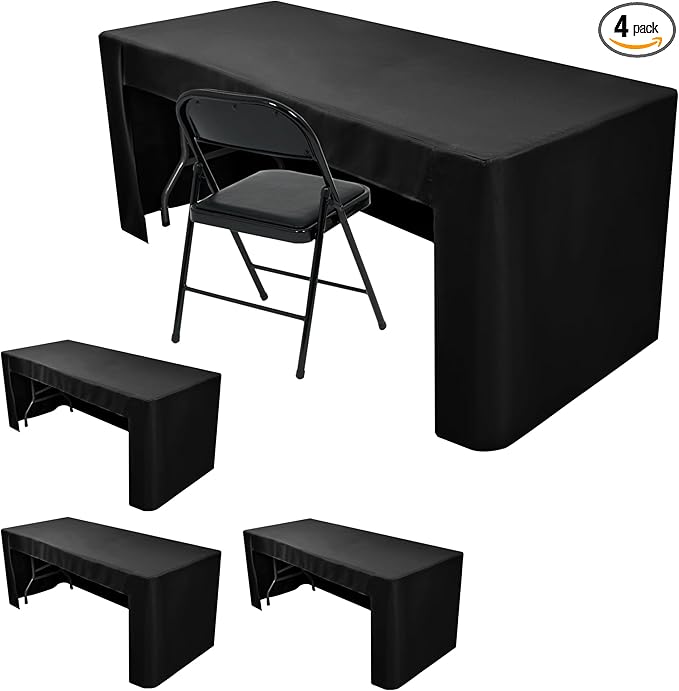 Nasitos 4 Pack Fitted Black Tablecloths for 6 foot Rectangular Tables-Washable and Wrinkle Resistant Trade Show Table Cover, Open Back Folding Table Cloth for Craft Show, Parties, Events, Vendor Booth