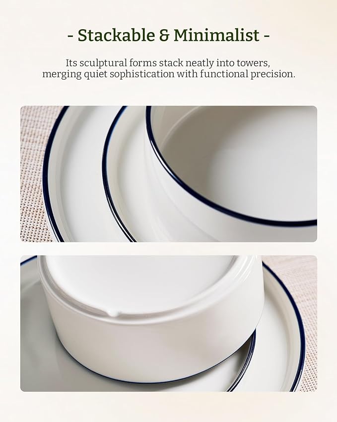 Famiware Porcelain Dinnerware Set, 24-Piece Modern Plate and Bowl Set, dish set for 8, Microwave and Dishwasher Safe Tableware, White with Blue Trim