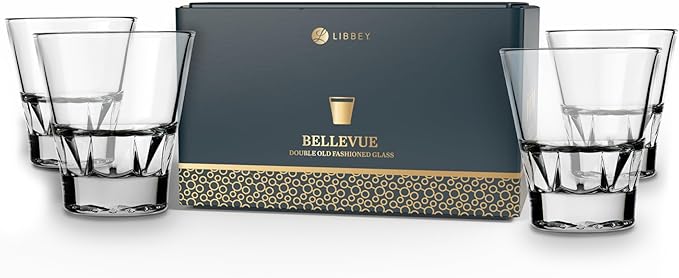 Libbey Bellevue Double Old Fashion Glass Set, 11.5 Oz, Clear, Retro Double Walled Whiskey Glasses, Modern Glassware Set of 4 for Cocktails, Water, and More