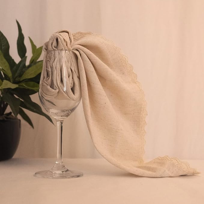 FINGERCRAFT Dinner Cloth Napkin Cotton Linen 12 Pack Vintage Rustic Premium Quality Mitered Corners Napkin Cloth with Elegant Lace for Everyday Use, Pre Shrunk and Good Absorbency 20x20 in Ivory