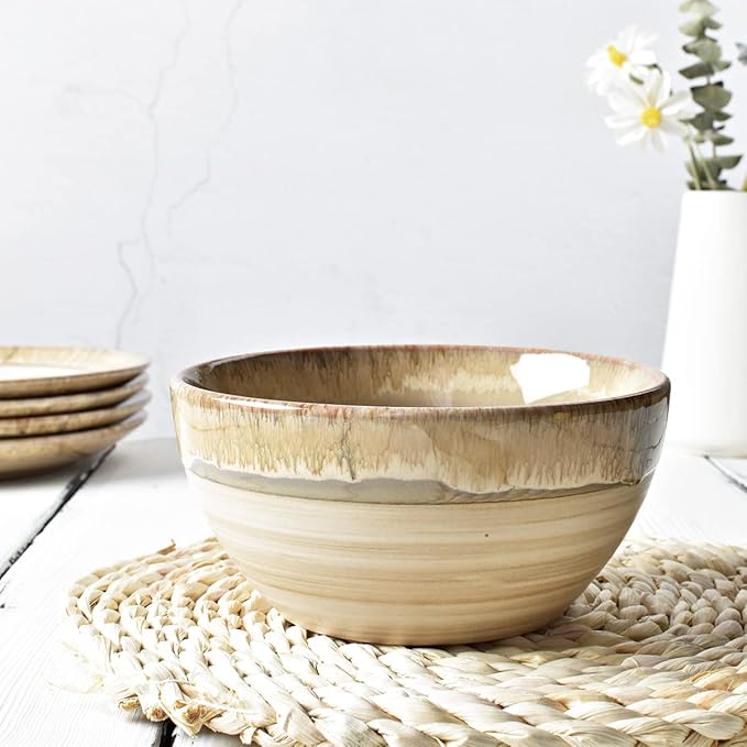Bosmarlin Stoneware Soup Bowl Set of 4, 26 Oz, Cereal Bowl for Oatmeal, Dishwasher and Microwave Safe, Reactive Glaze (Brown Grey, 6 in)