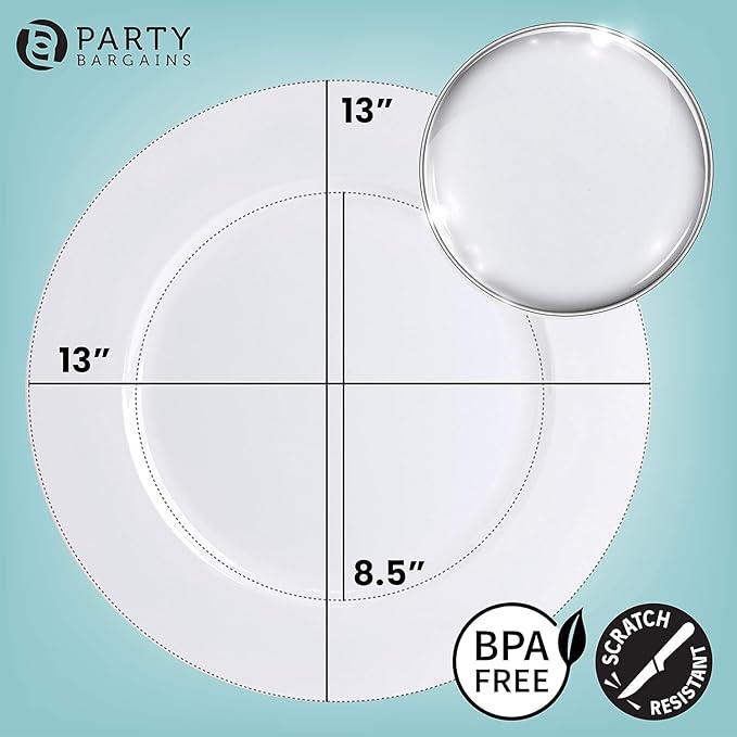 PARTY BARGAINS 13-Inch Charger Plates - 8 Pack, White, Heavy-Duty Disposable Chargers for Elegant Dining - Ideal for Weddings and Formal Events