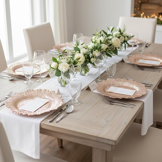 LOYALHEARTDY 24 Pack 13 Inch Rose Gold Charger Plates, Plastic Reef Textured Rim Round Decorative Underplates for Wedding, Party, Dinner Table