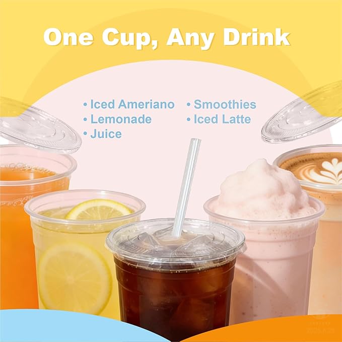 24 oz 100 Pack Disposable Clear Plastic Cups with Lids and Straws, Food Safe Bulk Iced Coffee Cups for Smoothies, Milkshakes and Other Cold Drinks
