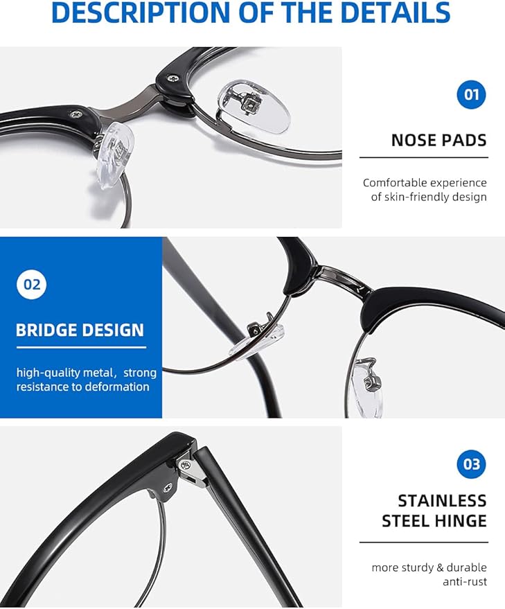 SOAR&EAGLE 3 Pack Blue Light Blocking Glasses,Computer Gaming Glasses,Retro Semi Rimless UV400 Clear Lens Computer Eyewear