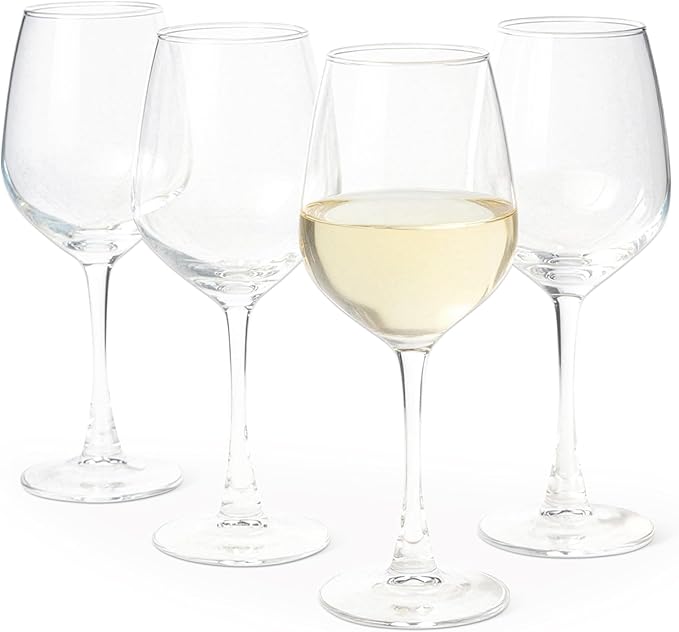Amazon Basics Stemmed White Wine Glasses, 4-Piece Set, 12 oz., Dishwasher-Safe
