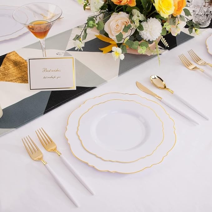 WDF 30Guest Gold Plastic Plates - High-end Baroque Design - 10.25&7.5in Wedding White and Gold Plates Disposable for Parties/Wedding/Valentine's Day