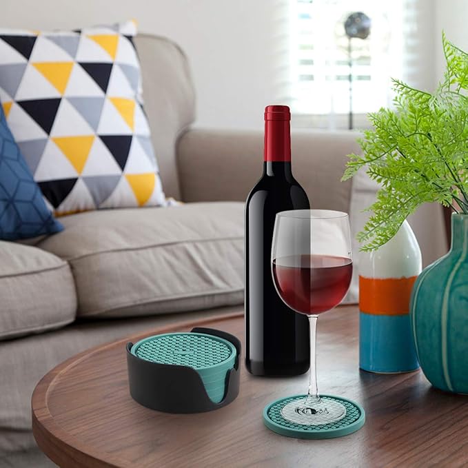 ME.FAN Silicone Coasters [6 Pack] Thickened Drink Coasters with Holder - Cup Mat - Non-Slip, Non-stick, Stay Put, Deep Tray - Prevents Furniture and Tabletop Damages(Wine Red)