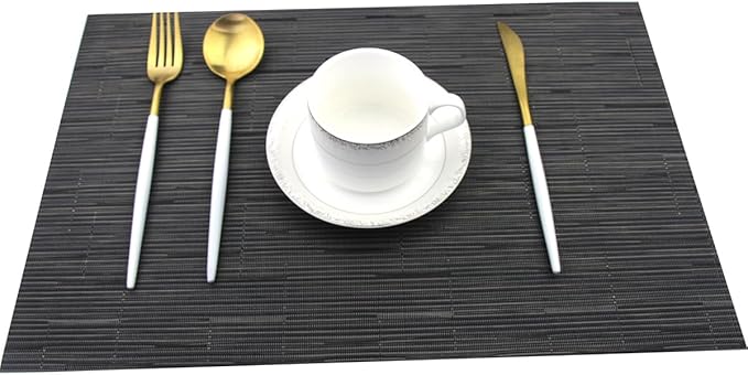 Placemats for Dining Table Washable Woven Vinyl Placemats Heat-resistand Table Dinner Placemats Set of 6 (Black)