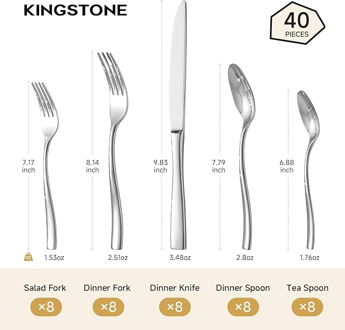 KINGSTONE Silverware Set for 8, 40-Piece Stainless Steel Flatware Set with Forks, Knives, Spoons, Dishwasher Safe Cutlery Set for Home, Wedding, Rust-proof