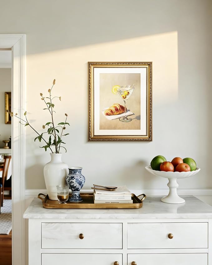InSimSea Gold Framed Wall Art, Kitchen Dining Room Vintage Cocktail Martini Croissant Wall Shelf Decor, Still Life Canvas Print Art, Home Bar Decor, Antique Paintings with Picture Frame 13x16inch