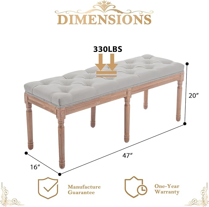 Bonzy Home 47” Bedroom Bench,French Vintage Tufted Entryway Benches Upholstered Dining Benches with Cushion,Linen Fabric End of Bed Bench for Bedroom Living Room Entryway, Gray