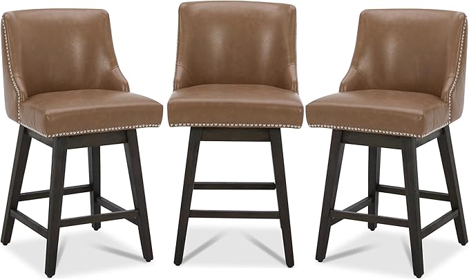 CHITA Counter Height Swivel Bar Stools Set of 3, FSC Certified Upholstered Counter Stools, Modern Swivel Barstools with Wood Legs for Kitchen Island, 26" Seat Height, Faux Leather in Saddle Brown